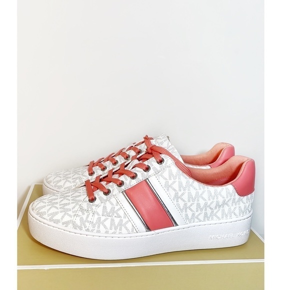 Michael Kors Poppy stripe lace up sneaker shoes bright white grapefruit color - Picture 2 of 14